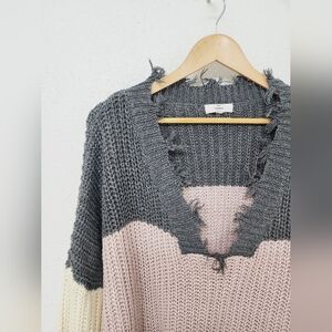 Entro Women's knit sweater, size XL, multicolored, v-neck, striped, frayed edges